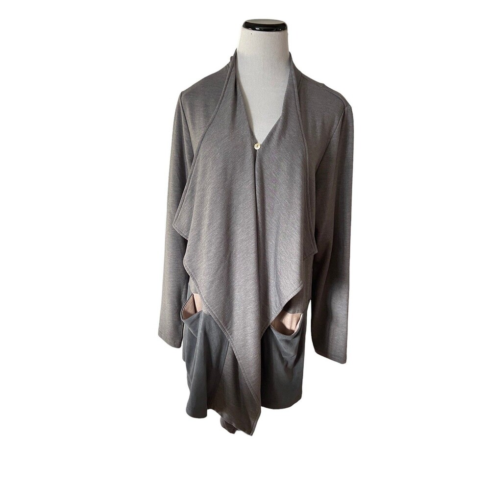 LOGO Lounge‎ Lori Goldstein Womens French Terry Cardigan Faux Suede Size L Gray